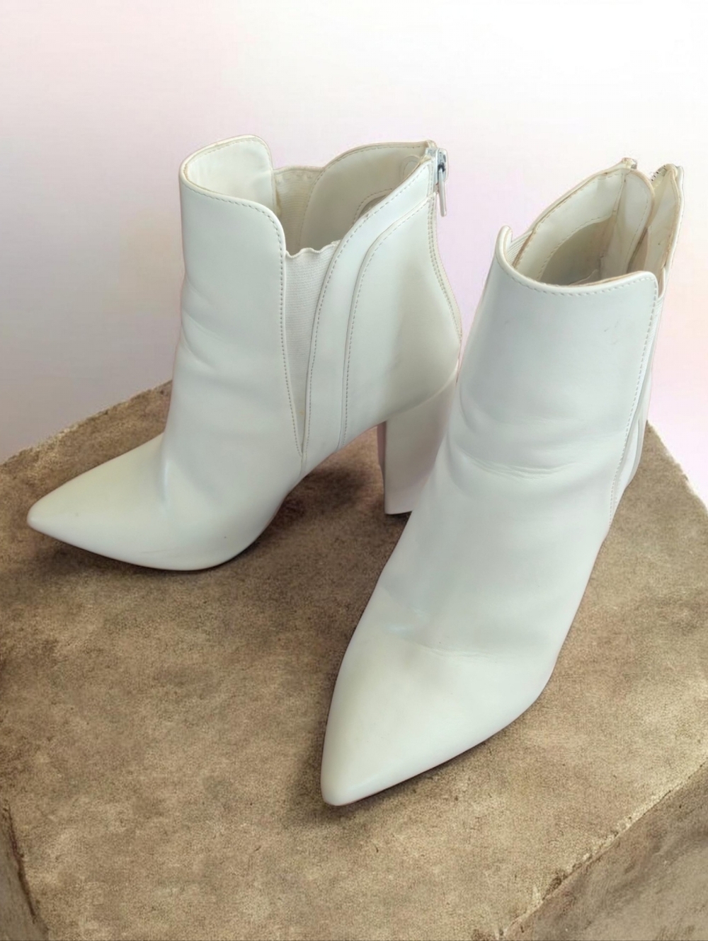 White Block Heel Ankle Boots with Back Zip Size 8